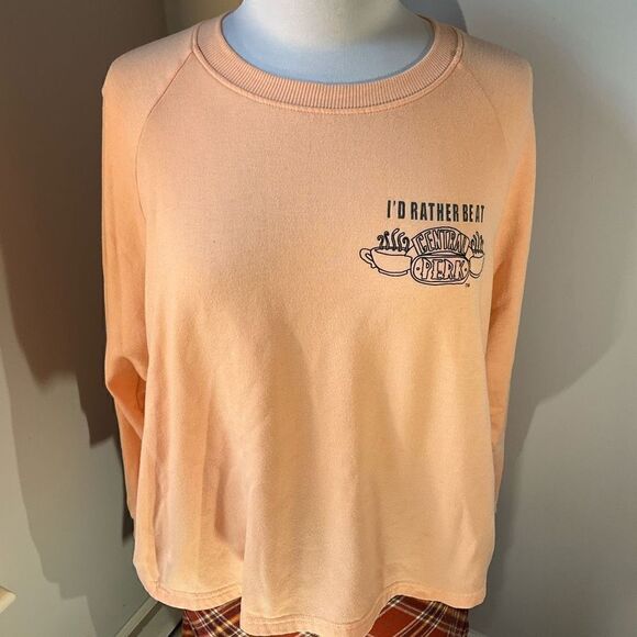 Friends Cropped Dolman Sleeve Central Perk Sweatshirt. Peach, Medium - Picture 8 of 9